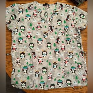 2/$10 Winter Christmas Penguin Women’s Scrub Top - Large